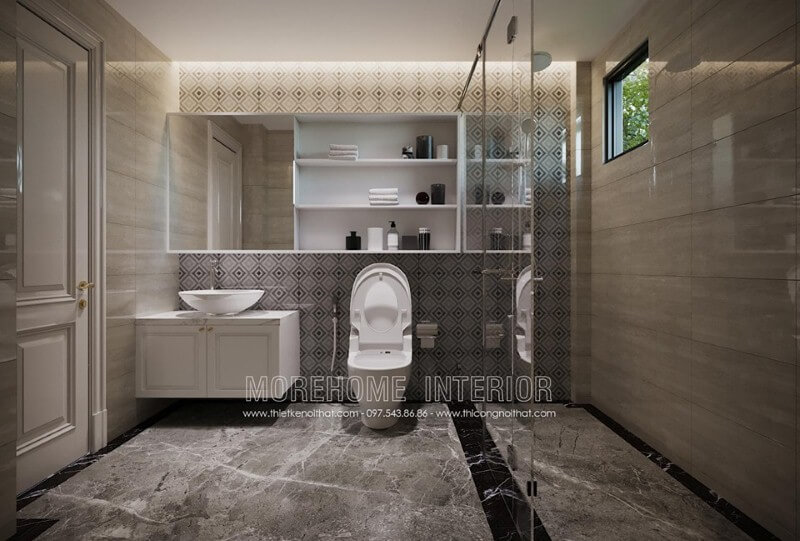 Trang trí nội thất phòng tắm hiện đại đẹp độc đáo từ gương ốp tường. Mẫu nội thất biệt thự đẹp