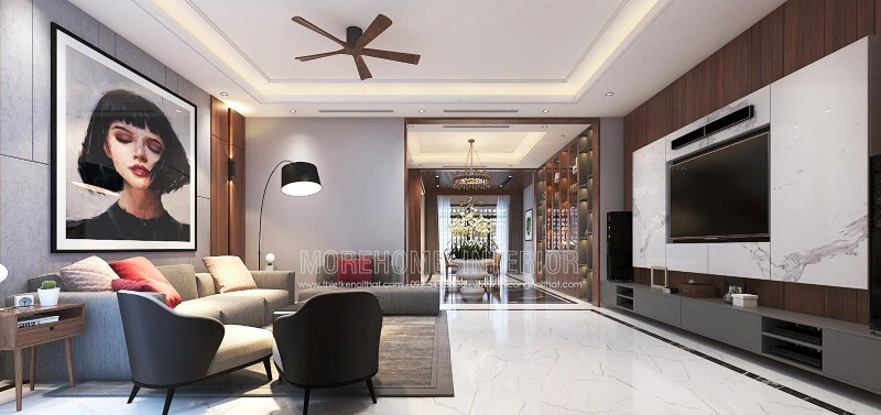 Thiết kế nội thất phòng khách ấn tượng với thiết kế mở, hiện đại tạo nên không gian thông thoáng, đẹp mắt. Mẫu nội thất biệt thự đẹp