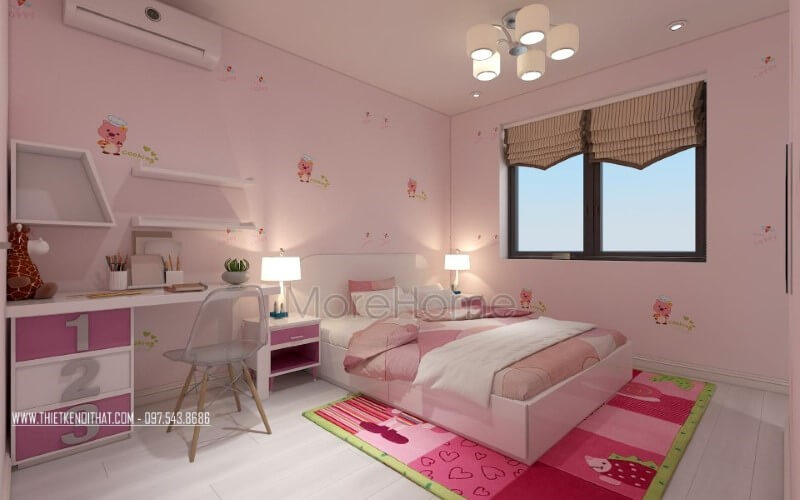Thiết kế phòng ngủ con gái đẹp, đáng yêu từ sắc hồng điểm nhấn. Mẫu nội thất biệt thự đẹp