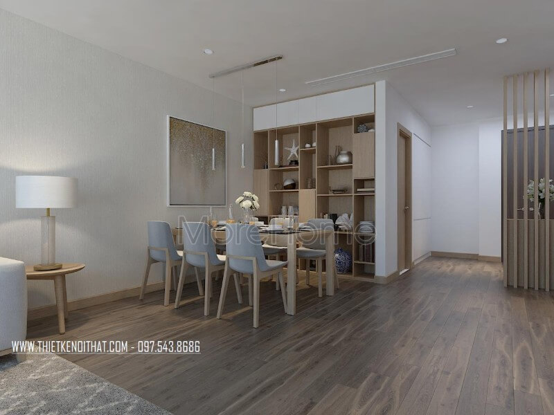 Thiết kế phòng ăn hiện đại với bộ bàn ăn 6 ghế chất liệu gỗ tự nhiên pha đệm nỉ. Thiết kế chung cư
