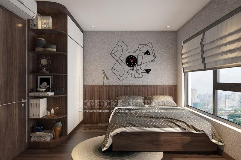 Giấy dán tường đơn sắc màu nâu đẹp tăng nét sang trọng cho phòng ngủ hiện đại sử dụng tone màu trầm chủ đạo. Thiết kế chung cư