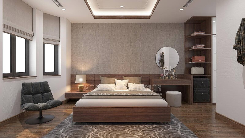 Bạn muốn không gian phòng ngủ thật gọn gàng và đơn giản, cách thiết kế nội thất phòng ngủ tối giản bổ sung thêm kệ trang trí vát góc ngang đầu giường vừa vặn diện tích lối đi giúp không gian vừa trở nên tinh gọn lại tạo nên nét đẹp độc đáo.