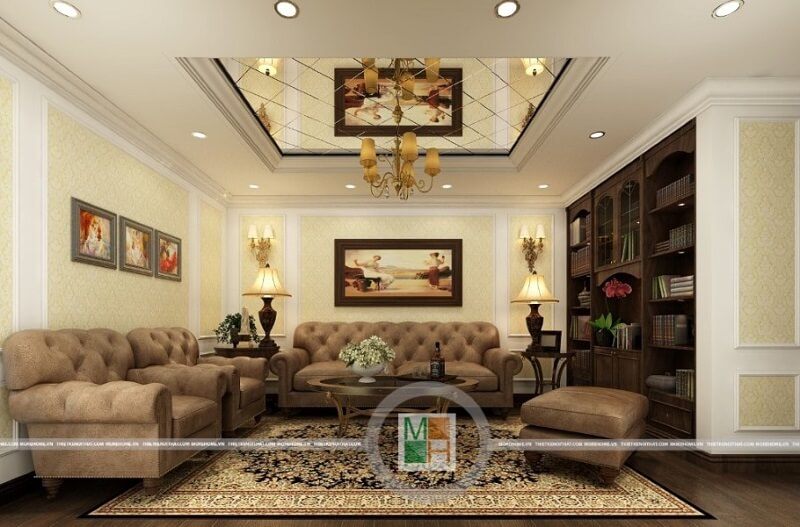 Mẫu thiết kế chung cư cao cấp theo phong cách tân cổ điển với đồ nội thất cao sang trong được bố trí một cách hợp lí.