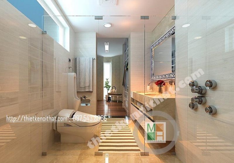 Phòng tắm hiện đại được trang bị nội thất bằng các vật liệu từ đá và kính giúp tạo nên một không gian thoáng mát và rộng rãi.